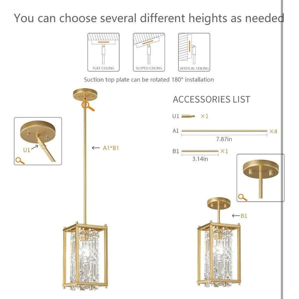 Modern Gold Crystal Chandelier Pendant Light‎ Adjustable Height for Kitchen Bar